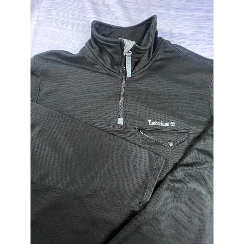Timberland Mens Black Quarter Zip Pullover Textured Fleece Jacket Large